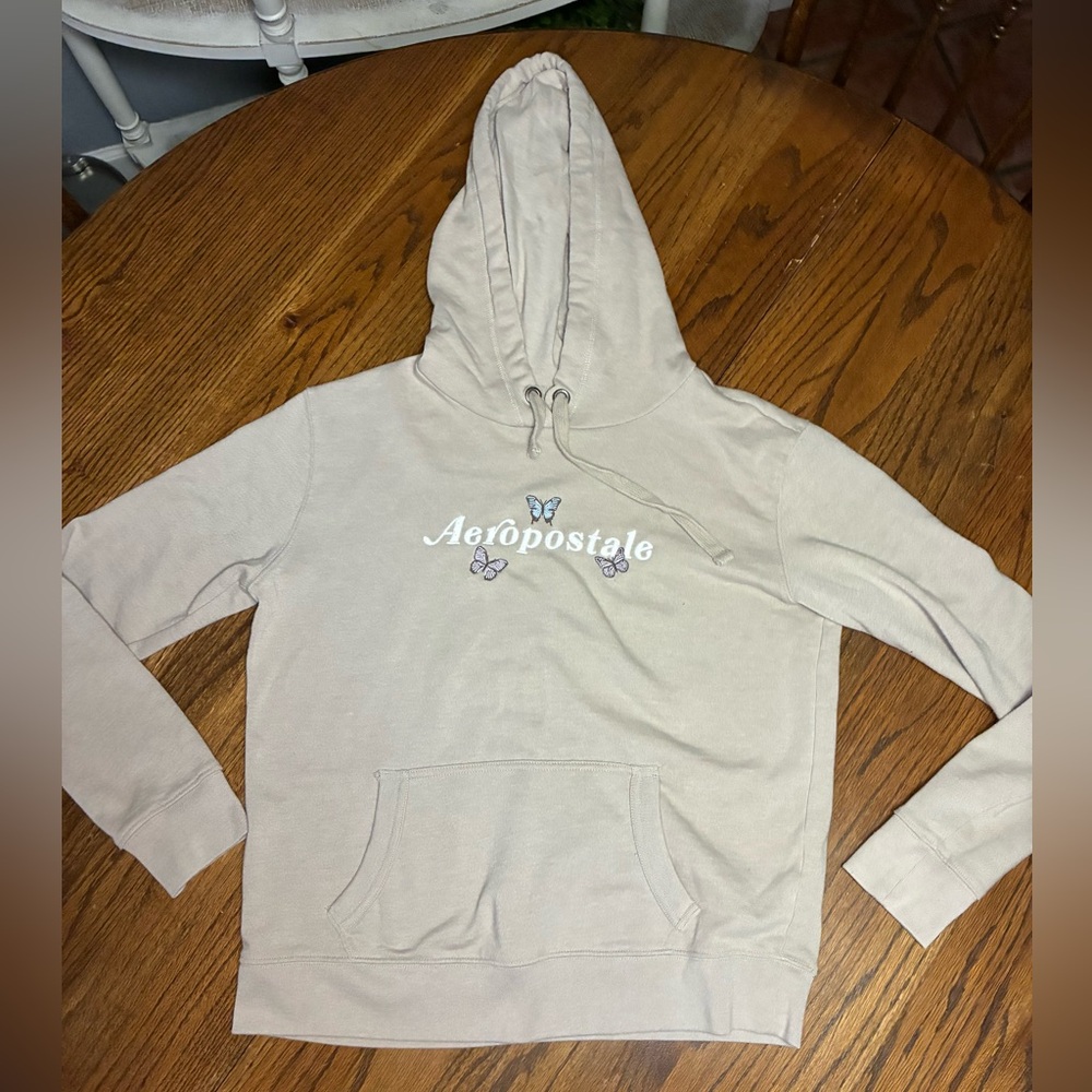 Aeropostale Tan Butterfly Embroidered‎ Pullover Hoodie Sweatshirt Medium